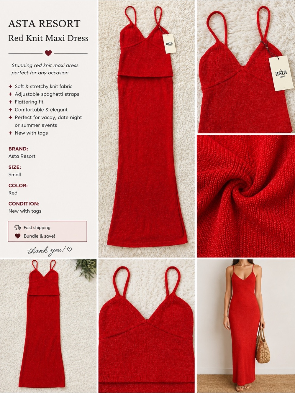 Asta Resort Red Knit Maxi Dress with Spaghetti Straps